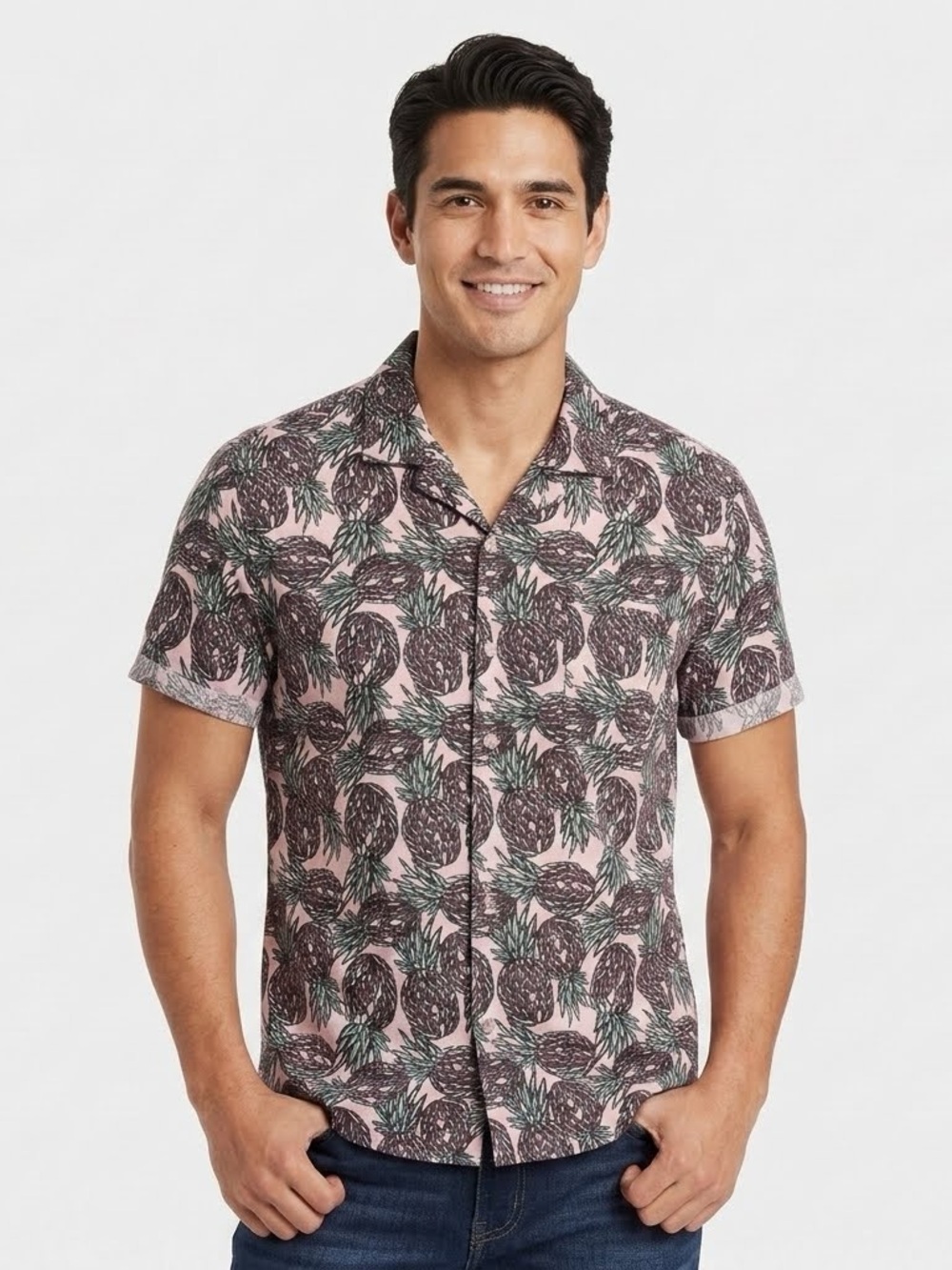 Goodfellow & Co Mens L Large Pink Pineapple Hawaiian Button Up Shirt